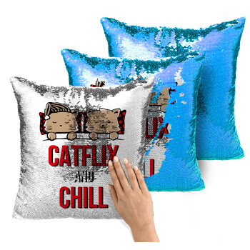 Catflix and Chill, Μαξιλάρι καναπέ Μαγικό Μπλε με πούλιες 40x40cm περιέχεται το γέμισμα