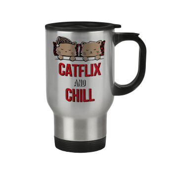 Catflix and Chill, Κούπα ταξιδιού ανοξείδωτη με καπάκι, διπλού τοιχώματος (θερμό) 450ml