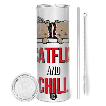Catflix and Chill, Eco friendly stainless steel tumbler 600ml, with metal straw & cleaning brush