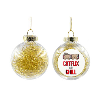 Catflix and Chill, Χριστουγεννιάτικη μπάλα δένδρου διάφανη με χρυσό γέμισμα 8cm
