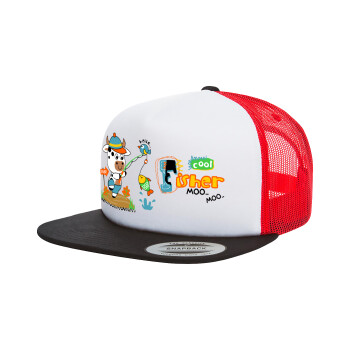 Kids Fisherman, Adult Foam Flat Snapback with Mesh Black-White-Red (POLYESTER, ADULT, UNISEX, ONE SIZE)