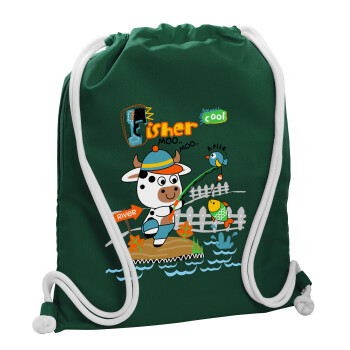 Kids Fisherman, Τσάντα πλάτης πουγκί GYMBAG BOTTLE GREEN, με τσέπη (40x48cm) & χονδρά λευκά κορδόνια