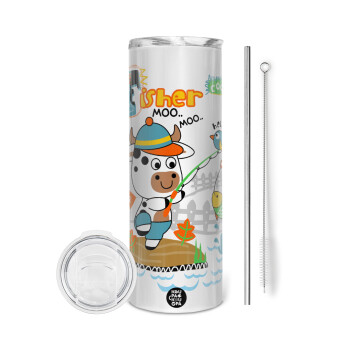 Kids Fisherman, Eco friendly stainless steel tumbler 600ml, with metal straw & cleaning brush