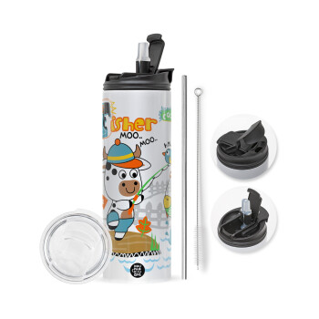 Kids Fisherman, Travel Tumbler 2 Lids, with metal straw & cleaning brush (Stainless steel 304 Food grade, BPA free, 600ml)