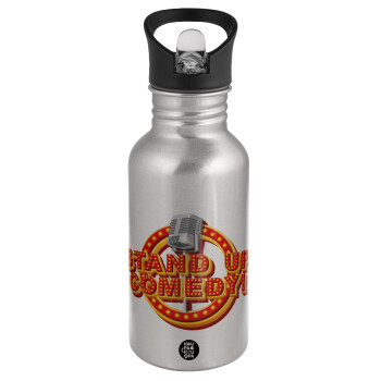 Stand up comedy, Water bottle Silver with straw, stainless steel 500ml