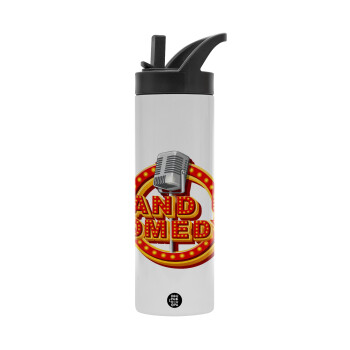 Stand up comedy, Metallic thermos bottle with straw & handle, stainless steel (Stainless steel 304), double-walled, 600ml.