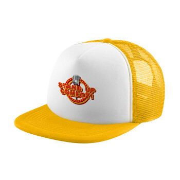 Stand up comedy, Adult Soft Trucker Hat with Yellow/White Mesh (POLYESTER, ADULT, UNISEX, ONE SIZE)