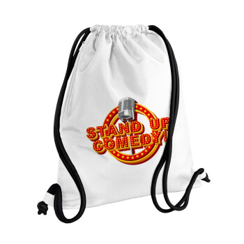 Stand up comedy, Backpack pouch GYMBAG white, with pocket (40x48cm) & thick cords