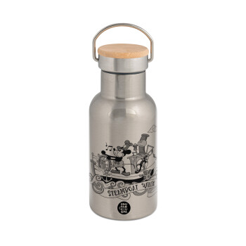 Mickey steamboat, Stainless steel metallic thermos flask, silver with a bamboo lid, double-walled, 350ml.