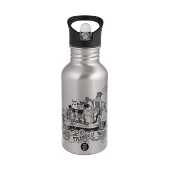 Mickey steamboat, Water bottle Silver with straw, stainless steel 500ml