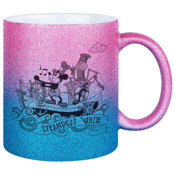 Mickey steamboat, Κούπα Χρυσή/Μπλε Glitter, κεραμική, 330ml