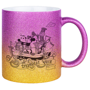Mickey steamboat, Κούπα Χρυσή/Ροζ Glitter, κεραμική, 330ml