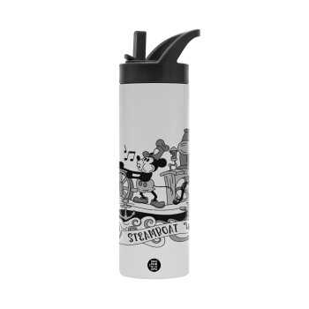 Mickey steamboat, Metallic thermos bottle with straw & handle, stainless steel (Stainless steel 304), double-walled, 600ml.