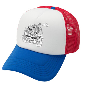 Mickey steamboat, Adult Soft Trucker Hat with Red/Blue/White Mesh (POLYESTER, ADULT, UNISEX, ONE SIZE)