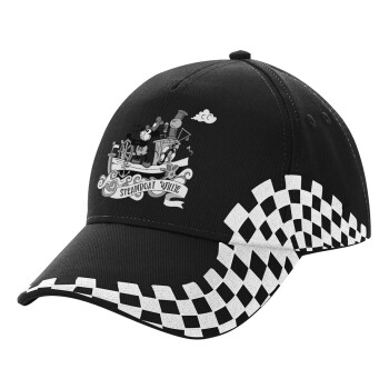 Mickey steamboat, Adult Ultimate BLACK RACING Cap, (100% COTTON DRILL, ADULT, UNISEX, ONE SIZE)