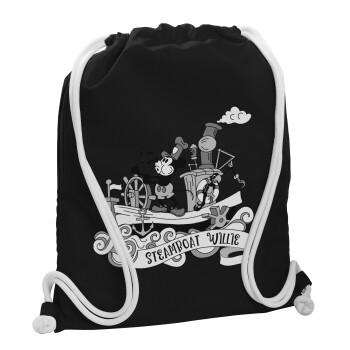 Mickey steamboat, Backpack pouch GYMBAG Black, with pocket (40x48cm) & thick white cords