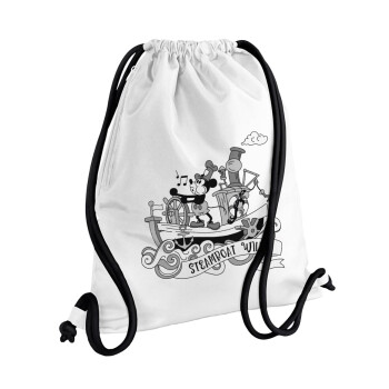 Mickey steamboat, Τσάντα πλάτης πουγκί GYMBAG λευκή, με τσέπη (40x48cm) & χονδρά κορδόνια