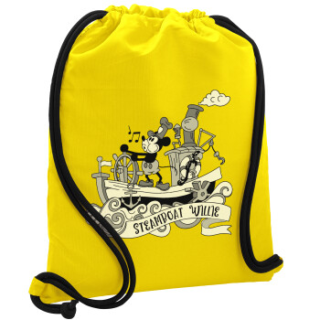 Mickey steamboat, Backpack pouch GYMBAG Yellow, with pocket (40x48cm) & thick cords