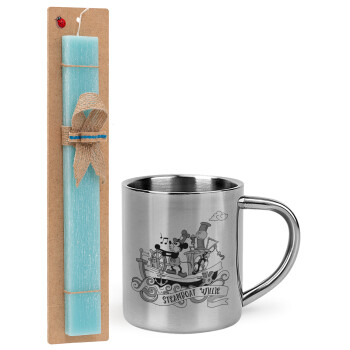 Mickey steamboat, Easter Set, metallic thermal cup (300ml) & aromatic flat Easter candle (30cm) (TURQUOISE)