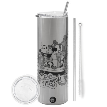 Mickey steamboat, Eco friendly stainless steel Silver tumbler 600ml, with metal straw & cleaning brush