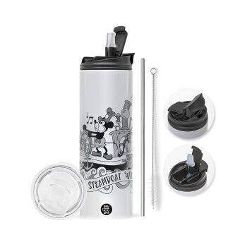 Mickey steamboat, Travel Tumbler 2 Lids, with metal straw & cleaning brush (Stainless steel 304 Food grade, BPA free, 600ml)