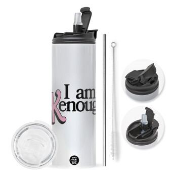 Barbie, i am Kenough, Travel Tumbler θερμό με διπλό καπάκι, μεταλλικό καλαμάκι και βούρτσα καθαρισμού (Ανωξείδωτο 304 Food grade, BPA free, 600ml)