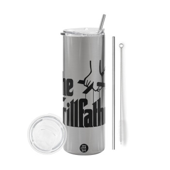 The Grill Father, Eco friendly ποτήρι θερμό Ασημένιο (tumbler) από ανοξείδωτο ατσάλι 600ml, με μεταλλικό καλαμάκι & βούρτσα καθαρισμού