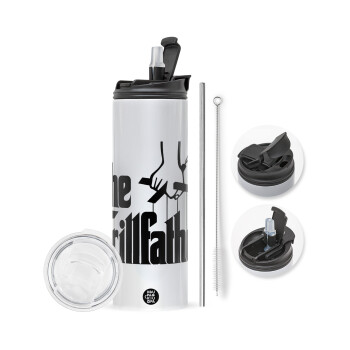 The Grill Father, Travel Tumbler 2 Lids, with metal straw & cleaning brush (Stainless steel 304 Food grade, BPA free, 600ml)