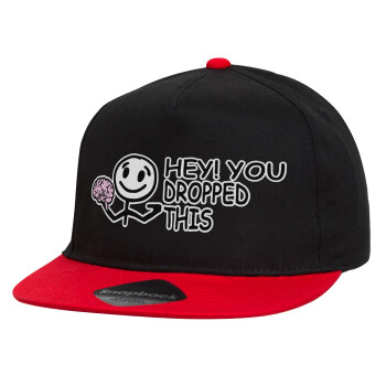 Hey! You dropped this, Children's Flat Snapback Hat, Black/Red (100% COTTON, CHILDREN'S, UNISEX, ONE SIZE)