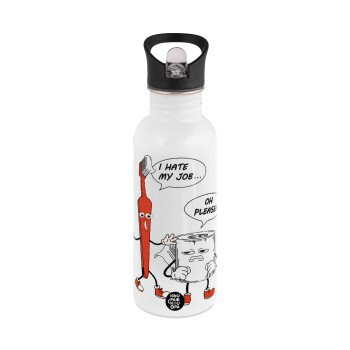 I hate my job, White water bottle with straw, stainless steel 600ml