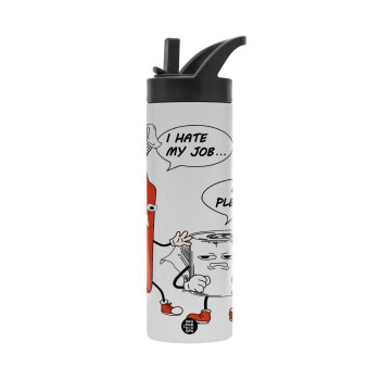 I hate my job, Metallic thermos bottle with straw & handle, stainless steel (Stainless steel 304), double-walled, 600ml.