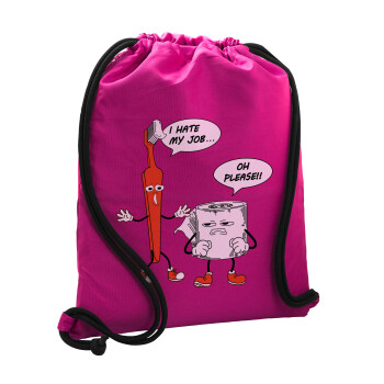 I hate my job, Backpack pouch GYMBAG Fuchsia, with pocket (40x48cm) & thick cords