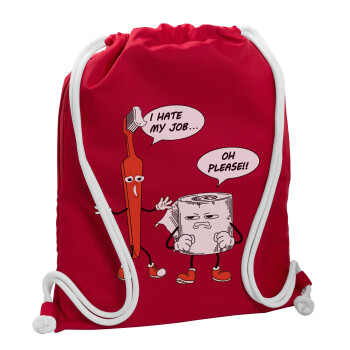 I hate my job, Τσάντα πλάτης πουγκί GYMBAG Κόκκινη, με τσέπη (40x48cm) & χονδρά κορδόνια