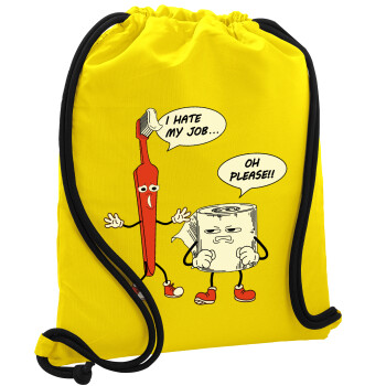 I hate my job, Τσάντα πλάτης πουγκί GYMBAG Κίτρινη, με τσέπη (40x48cm) & χονδρά κορδόνια
