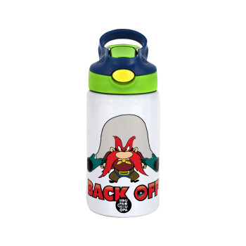 Yosemite Sam Back OFF, Children's hot water bottle, stainless steel, with safety straw, green, blue (350ml)