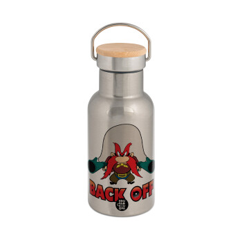 Yosemite Sam Back OFF, Stainless steel metallic thermos flask, silver with a bamboo lid, double-walled, 350ml.