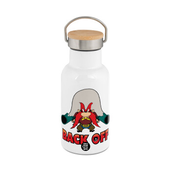 Yosemite Sam Back OFF, Μεταλλικό παγούρι θερμός (Stainless steel) Λευκό με ξύλινο καπακι (bamboo), διπλού τοιχώματος, 350ml