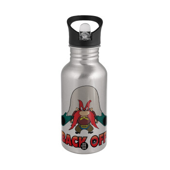 Yosemite Sam Back OFF, Water bottle Silver with straw, stainless steel 500ml