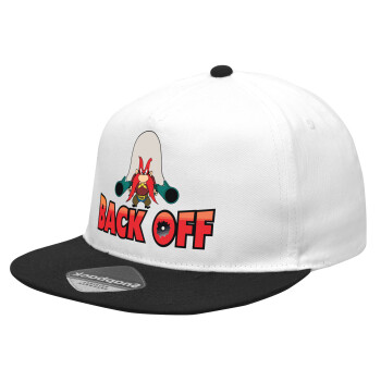 Yosemite Sam Back OFF, Καπέλο Ενηλίκων Flat Snapback Λευκό/Μαύρο, (100% ΒΑΜΒΑΚΕΡΟ Twill, ΕΝΗΛΙΚΩΝ, UNISEX, ONE SIZE)