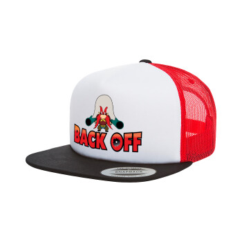 Yosemite Sam Back OFF, Adult Foam Flat Snapback with Mesh Black-White-Red (POLYESTER, ADULT, UNISEX, ONE SIZE)