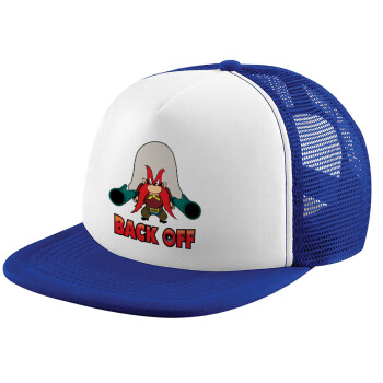 Yosemite Sam Back OFF, Child's Soft Trucker Hat with Blue/White Mesh (POLYESTER, CHILD, ONE SIZE)