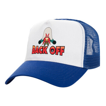 Yosemite Sam Back OFF, Adult Structured Trucker Hat, with Mesh, WHITE/BLUE (100% COTTON, ADULT, UNISEX, ONE SIZE)