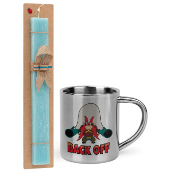 Yosemite Sam Back OFF, Easter Set, metallic thermal cup (300ml) & aromatic flat Easter candle (30cm) (TURQUOISE)