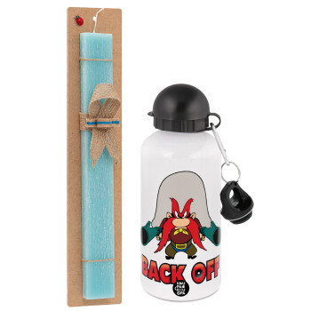 Yosemite Sam Back OFF, Easter Set, metallic aluminum water bottle (500ml) & scented flat candle (30cm) (TURQUOISE)