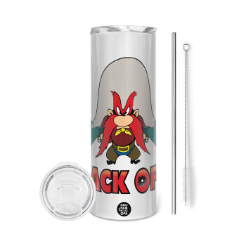 Yosemite Sam Back OFF, Eco friendly ποτήρι θερμό (tumbler) από ανοξείδωτο ατσάλι 600ml, με μεταλλικό καλαμάκι & βούρτσα καθαρισμού