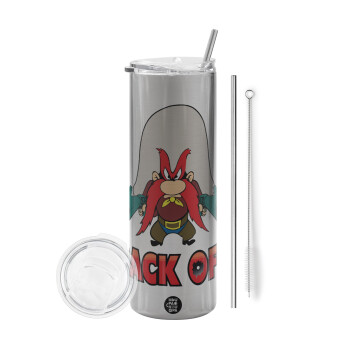 Yosemite Sam Back OFF, Eco friendly stainless steel Silver tumbler 600ml, with metal straw & cleaning brush