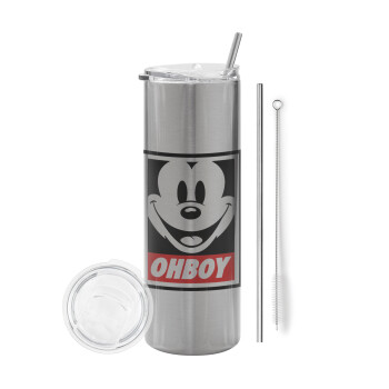 Oh boy μίκυ, Eco friendly stainless steel Silver tumbler 600ml, with metal straw & cleaning brush