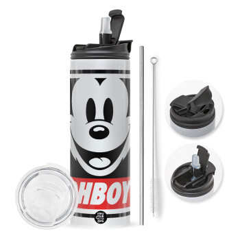 Oh boy μίκυ, Travel Tumbler 2 Lids, with metal straw & cleaning brush (Stainless steel 304 Food grade, BPA free, 600ml)