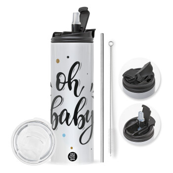 Oh baby, Travel Tumbler θερμό με διπλό καπάκι, μεταλλικό καλαμάκι και βούρτσα καθαρισμού (Ανωξείδωτο 304 Food grade, BPA free, 600ml)