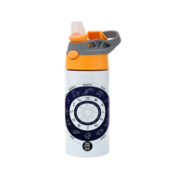 Ζωδιακός κύκλος, Children's hot water bottle, stainless steel, with safety straw, Orange/Grey (360ml) BPA-FREE